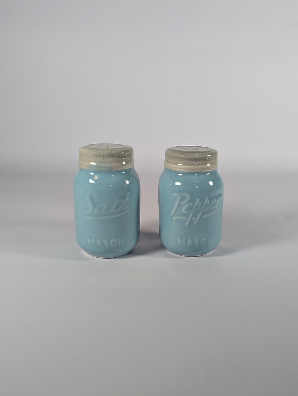 World Market Mason Salt & Pepper Shakers - Light Blue Ceramic Set